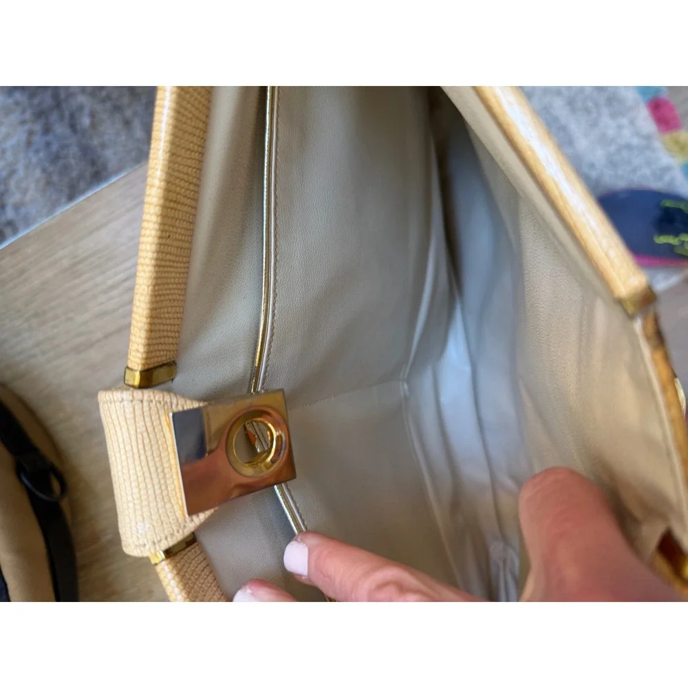 Vintage Snakeskin Patchwork‎ Handbag Gold Frame Exotic Skin Shoulder Bag Tan